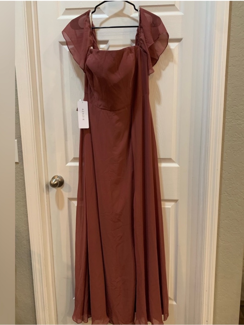 Azazie Desert Rose A-Line Off Shoulder Chiffon Dress